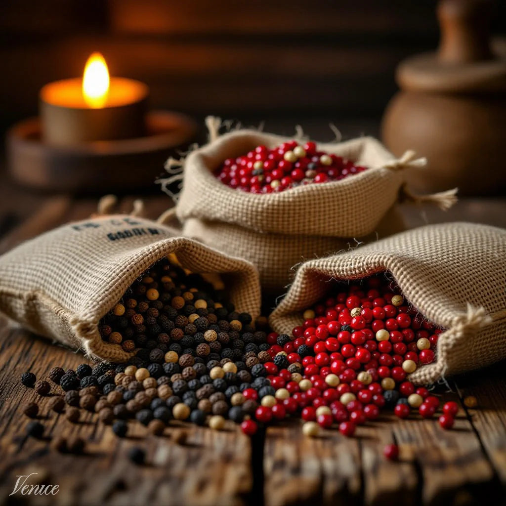 Bags of premium Kampot peppercorns in a wholesale spice store, surrounded by jars of spices.