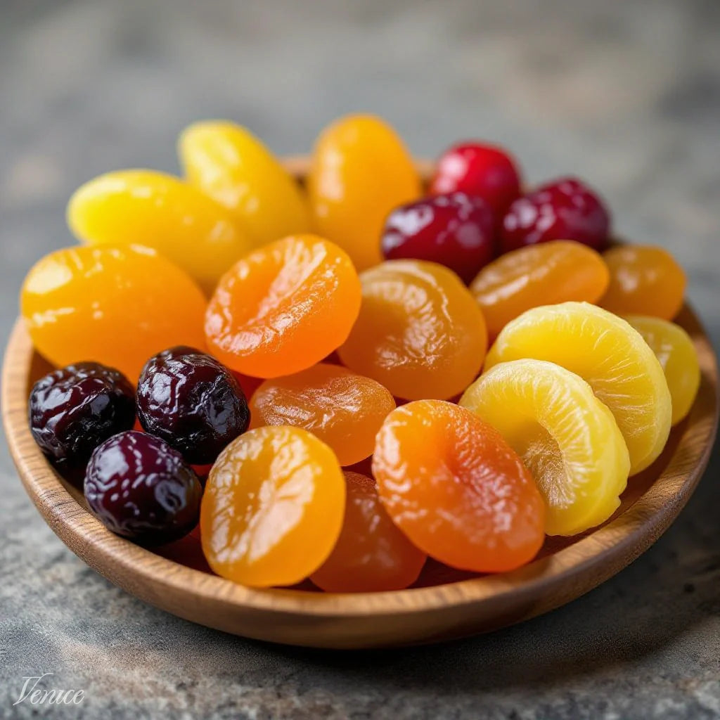 Assorted dried fruits in a wooden bowl on a stone surface, colorful fruit mix