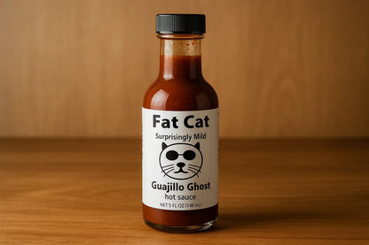 Fat Cat Guajillo Ghost hot sauce bottle with black cap on wooden surface