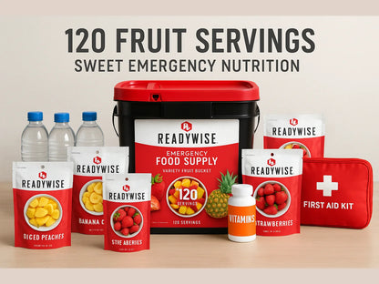ReadyWise emergency food supply fruit bucket with 120 servings, bottled water, fruit pouches, vitamins, and first aid kit on table.