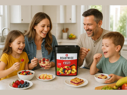 Family eating fruit and snacks in kitchen with ReadyWise 120 serving fruit bucket
