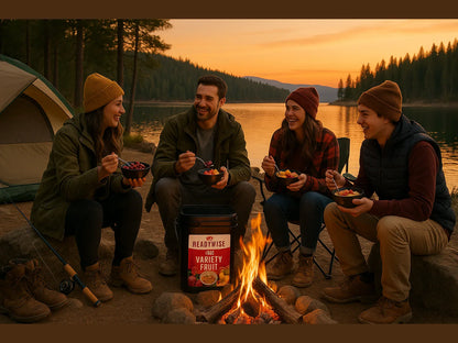 Friends camping by lakeside, eating freeze-dried fruit from ReadyWise 120 serving bucket