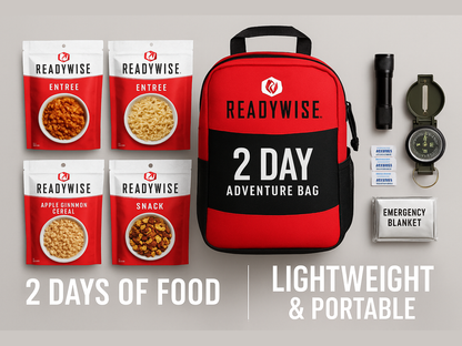 ReadyWise 2-Day Adventure Bag with emergency food, blanket, compass, flashlight, and supplies