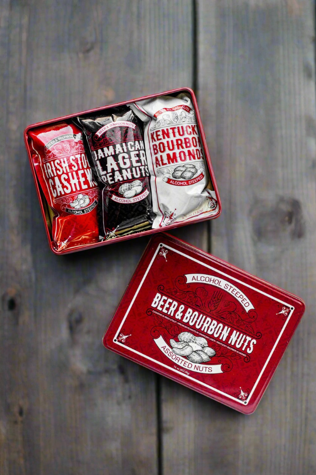 Beer & Bourbon Liquor Nuts Gift Tin – 3 Spirit-Inspired Nut Flavors
