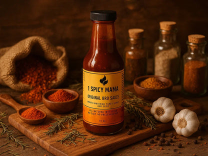 1 Spicy Mama original BBQ sauce bottle with spices, garlic, and herbs on rustic wood table