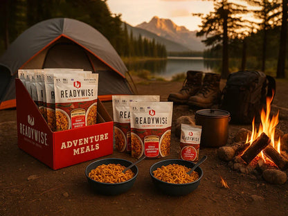 ReadyWise adventure meals displayed at a campsite by a tent, fire, boots, and lake