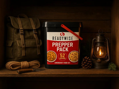 ReadyWise Prepper Pack 52 serving emergency food kit on shelf with backpack, lantern, rope, knife
