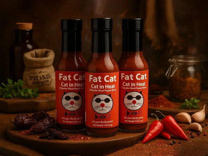 Fat Cat Cat in Heat chipotle ghost pepper hot sauce bottles with peppers and spices