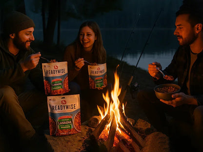 Three friends eating ReadyWise lasagna freeze-dried meals by a campfire near a lake