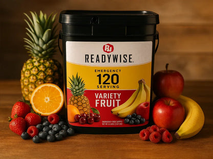 ReadyWise emergency fruit bucket with pineapple, orange, banana, apples, berries on wood table