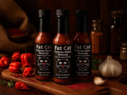 Fat Cat Chairman Meow's Revenge scorpion pepper sauce bottles with peppers and garlic