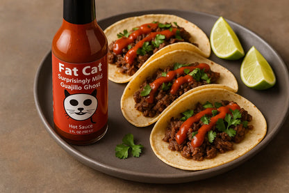 Fat Cat Guajillo Ghost hot sauce with three beef tacos and lime wedges on a plate