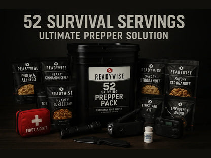 52 serving prepper pack with emergency food pouches, first aid kit, flashlight, and radio