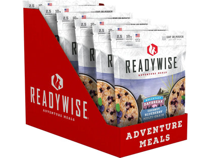 ReadyWise Adventure Meals coconut blueberry multigrain pouches in red display box
