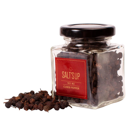 Glass jar of Salt's Up No 83 cubeb pepper with whole cubeb peppercorns, Spice n Slice Market