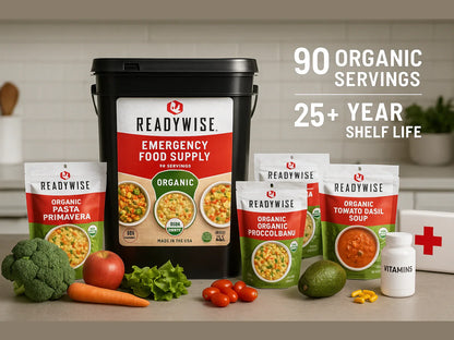 ReadyWise organic emergency food supply 90 servings bucket with assorted meal packs and vegetables