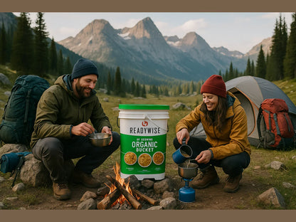 Campers cooking by a fire with ReadyWise 90 serving organic bucket in mountain campsite