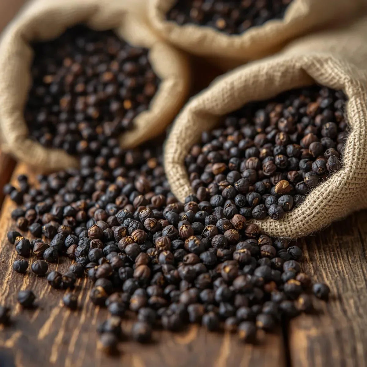 Three burlap sacks filled with black dried peppercorns spilling onto a rustic wooden surface
