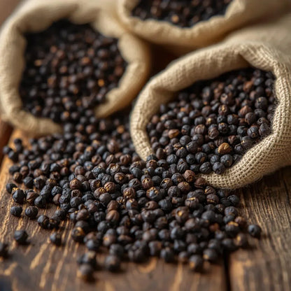 Three burlap sacks filled with black dried peppercorns spilling onto a rustic wooden surface