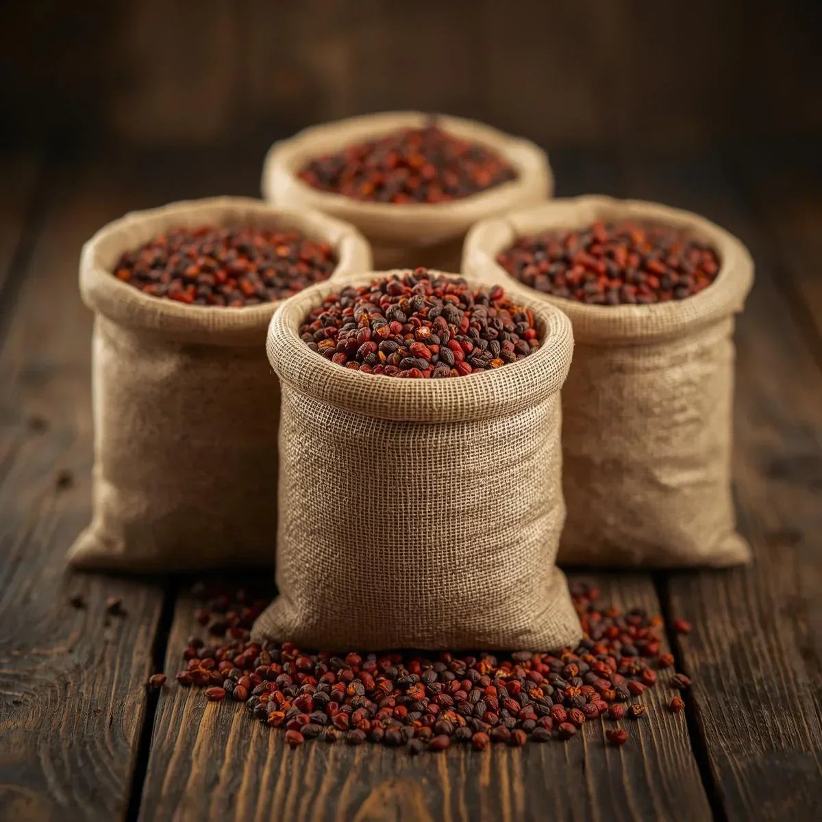 Four burlap sacks filled with dried red and black seeds on rustic wooden surface