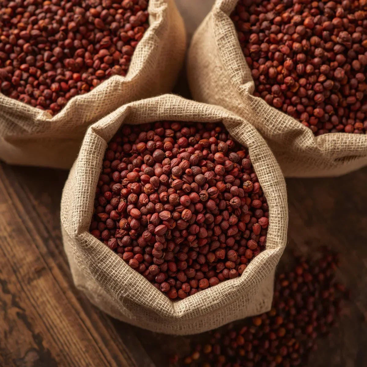 Burlap sacks filled with red sorghum grains on a rustic wooden surface