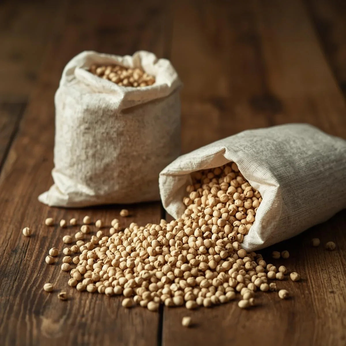 Two cloth bags filled with dried chickpeas on rustic wooden table, one spilling chickpeas