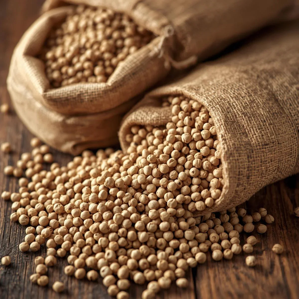 Close-up of burlap sacks overflowing with dry chickpeas on wooden surface