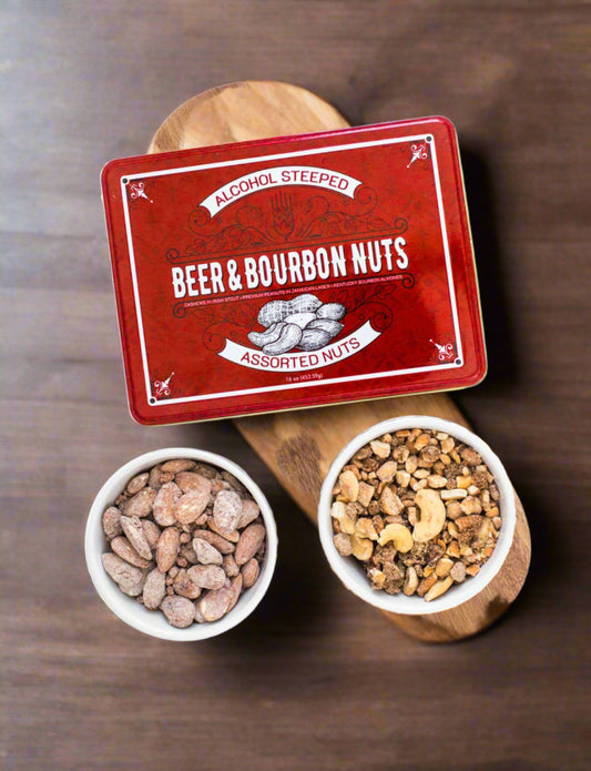 Beer & Bourbon Liquor Nuts Gift Tin – 3 Spirit-Inspired Nut Flavors
