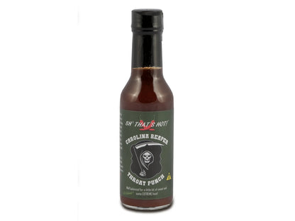 Carolina Reaper Throat Punch hot sauce bottle with skull label on white background