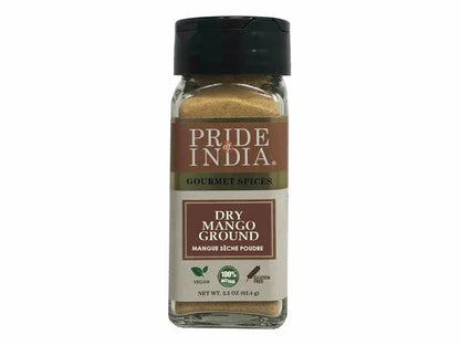 Pride of India dry mango ground spice jar with black lid, vegan and gluten-free label