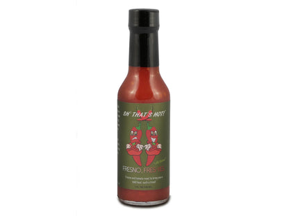 Fresno Fres-Yes hot sauce bottle with cartoon red peppers and green label on white background