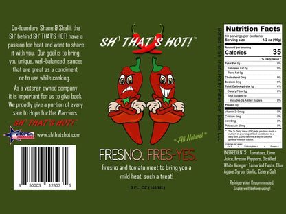 Fresno hot sauce label with cartoon chili peppers, nutrition facts, and product details on green background