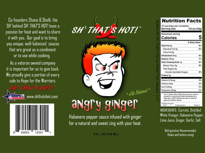 Angry Ginger hot sauce label with cartoon face, pepper graphic, ingredient and nutrition info
