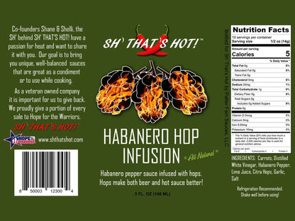 Habanero Hop Infusion hot sauce label with fiery hop illustration, nutrition facts, and ingredients