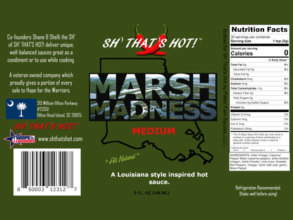 Marsh Madness medium Louisiana style hot sauce label with nutrition facts and company info