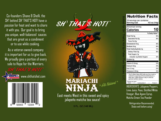 Mariachi Ninja sauce bottle label featuring cartoon ninja in mariachi outfit, product details, and nutrition facts, for jalapeño matcha tea sauce.