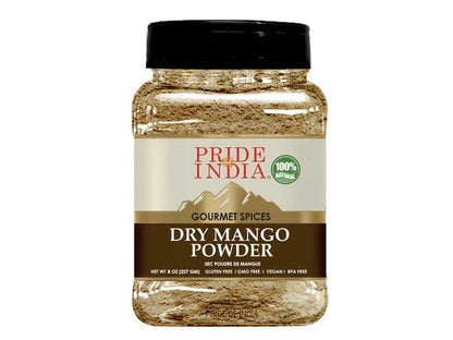 Pride of India dry mango powder spice jar with black lid and 100% natural label