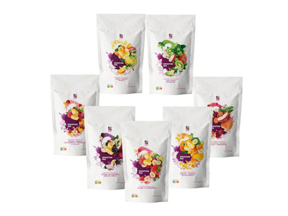 NutriBoom freeze-dried snack box set with 8 colorful smoothie mix pouches featuring banana, apple, strawberries, raspberries, blackberries, beetroot, kiwi, and plums.