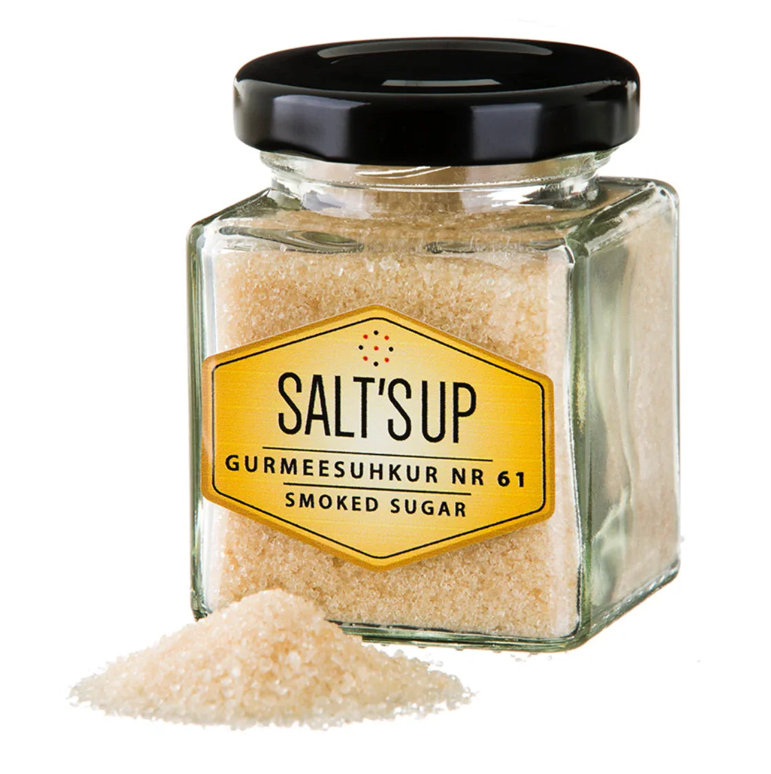 Square glass jar of Salt's Up Gurmeesuhkur Nr 61 smoked sugar with black lid and sugar pile