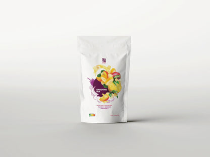 White pouch of Nutriboom smoothie mix with freeze dried mango, banana, pineapple illustration