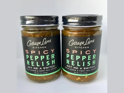 Two jars of Cottage Lane Kitchen Spicy Pepper Relish Get Me A Switch 12oz
