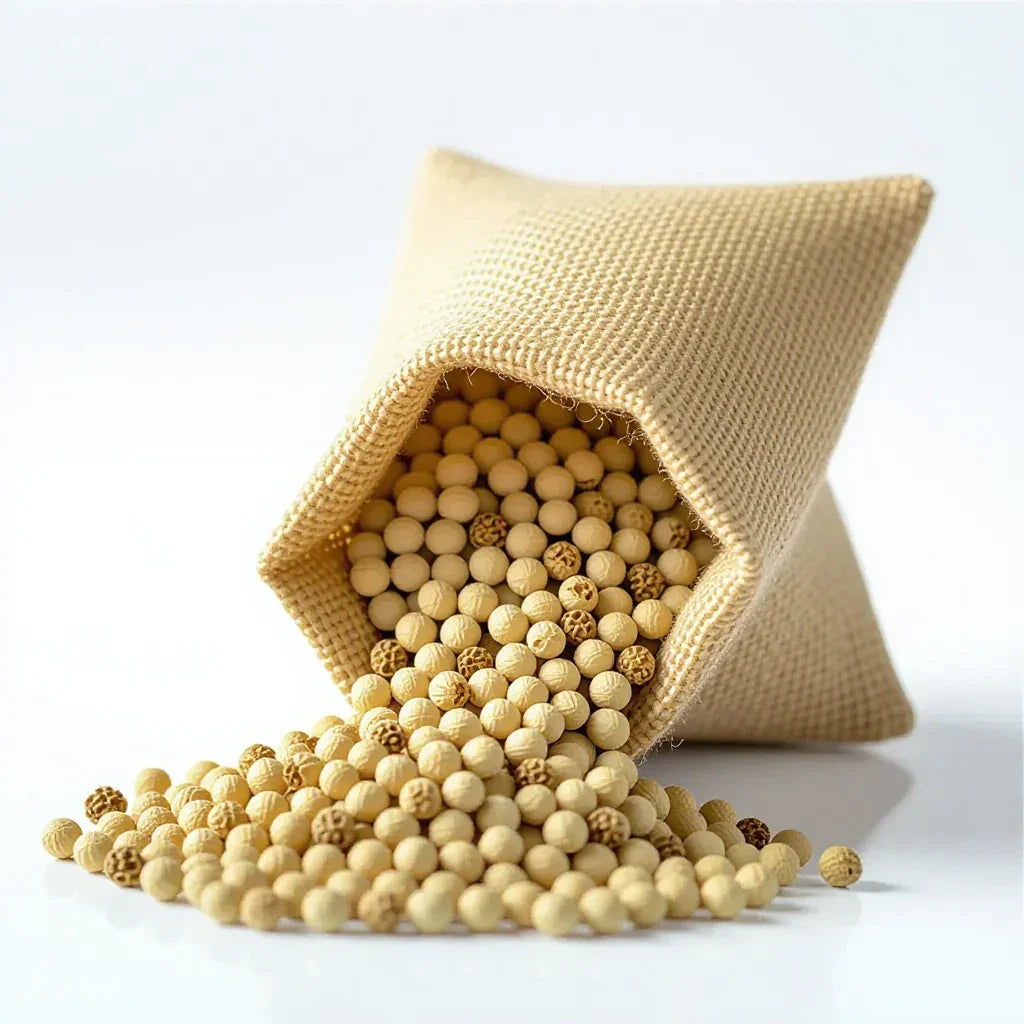 Small beige woven sack spilling natural wooden beads on white surface