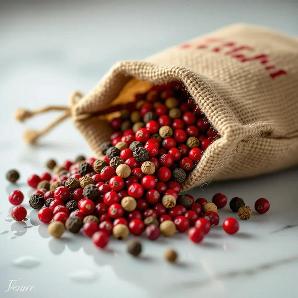 Spilled mix of red, black, and white peppercorns from a burlap sack on a marble surface