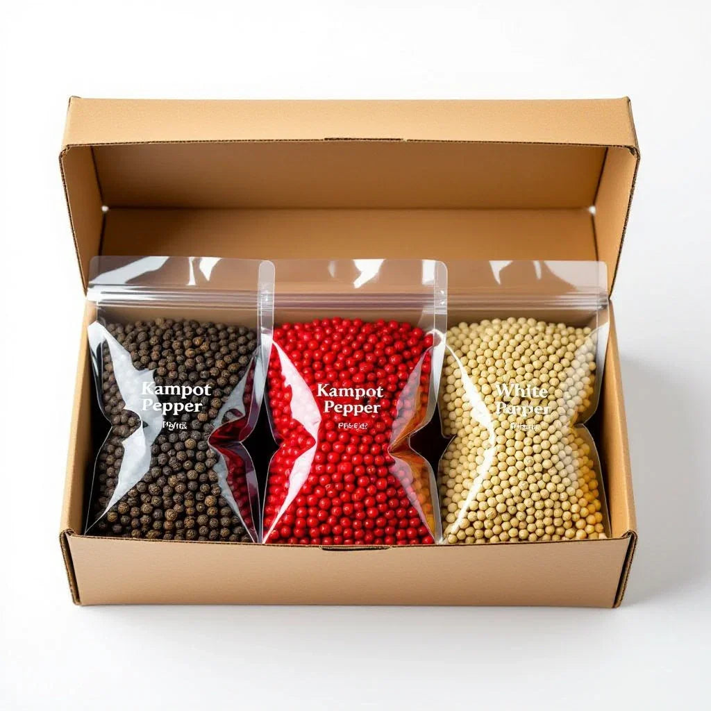 Open box containing three resealable bags of Kampot black pepper, Kampot red pepper, and white peppercorns