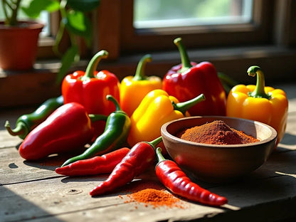 Red and yellow bell peppers, red and green chili peppers, and a bowl of chili powder on a wooden table near a window