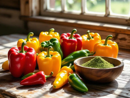 Red, yellow, and green bell peppers with a wooden bowl of green powder on a rustic table by a window