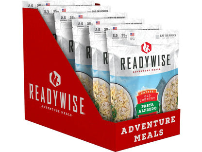 ReadyWise Adventure Meals Pasta Alfredo pouches in red display box