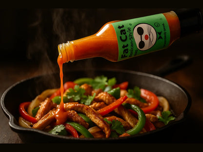 Pouring Fat Cat hot sauce over sizzling chicken fajitas with peppers in cast iron skillet