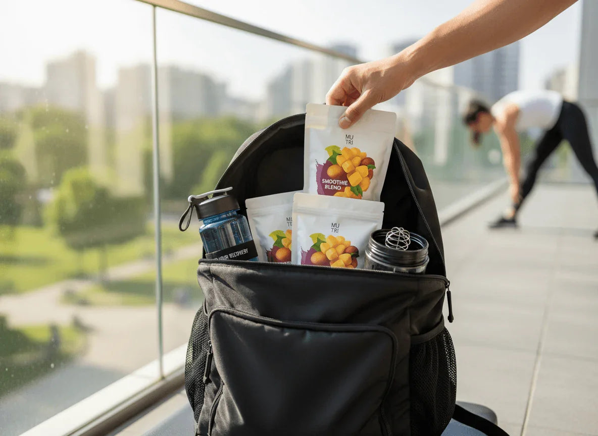 User placing Smoothie Maker 15-Pack (15 Small Pouches) inside a backpack in an outdoor setting.