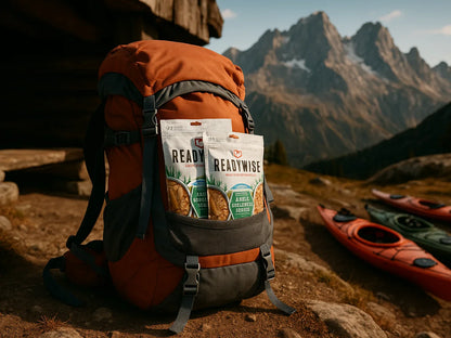 ReadyWise adventure meals in orange backpack near kayaks and mountains outdoors